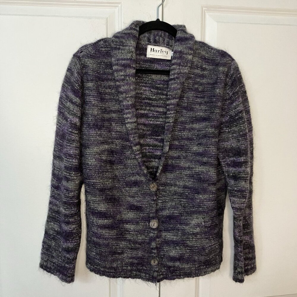 Harley of Scotland‎ Wool Mohair Cardigan Womens M Gray Purple Knit Shawl Collar